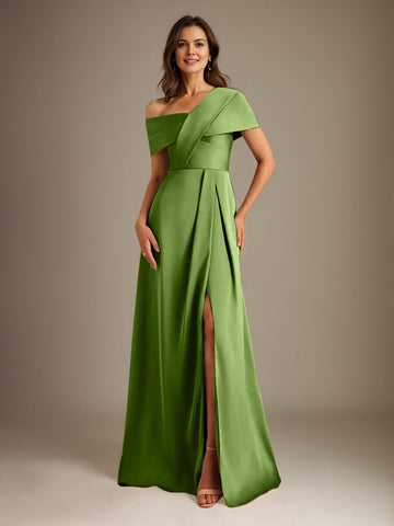 A-Line Asymmetrical Neckline Floor-Length Satin Mother of the Bride Dress With Pleated