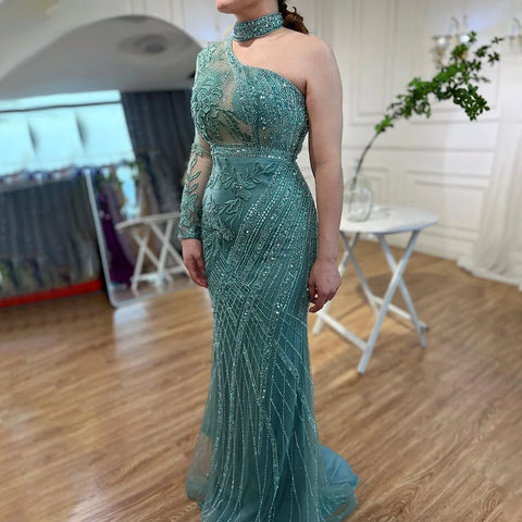 On Sale no return no refund One-Shoulder Beaded Turquoise Mermaid Evening Dress for Women's Wedding Party at LA72067
