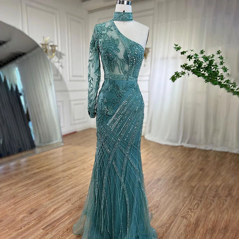 On Sale no return no refund One-Shoulder Beaded Turquoise Mermaid Evening Dress for Women's Wedding Party at LA72067