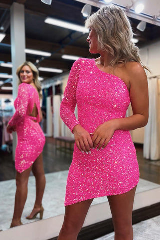 Vestido corto de fiesta de bienvenida, brillante, de un solo hombro, color rosa intenso, con lentejuelas y flecos.