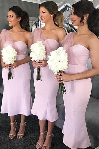 Pink Tea Length Mermaid Bridesmaid Dress VMB64