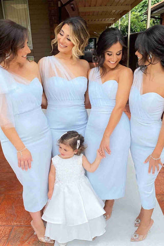 Pink Tea Length Mermaid Bridesmaid Dress VMB64