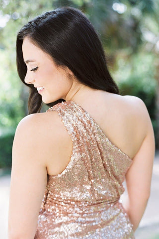 One Shoulder Rose Gold Sequins Bridesmaid Dress VMB39
