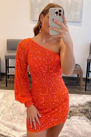Robe de bal courte moulante asymétrique orange PD563