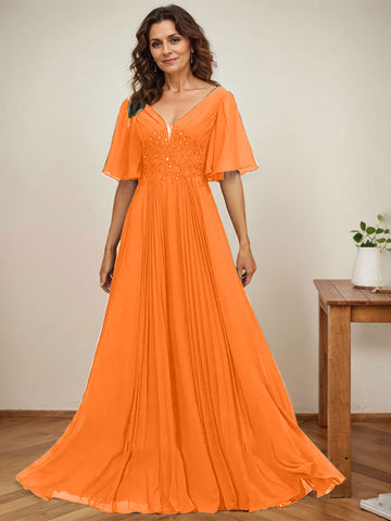 A-line V-Neck Floor-Length Chiffon Mother of the Bride Dress With Sequins Appliques Lace Pleated