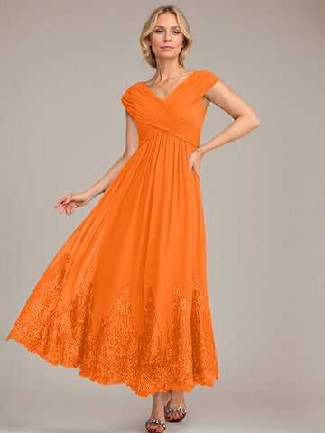 A-line V-Neck Ankle-Length Chiffon Mother of the Bride Dress With Applique Sequins