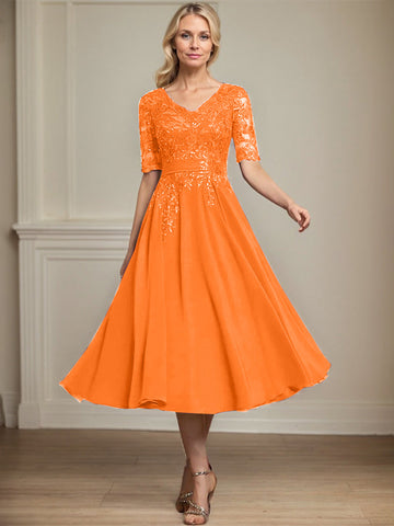 A-line V-Neck Tea-Length Lace Chiffon Mother of the Bride Dress With Sequins
