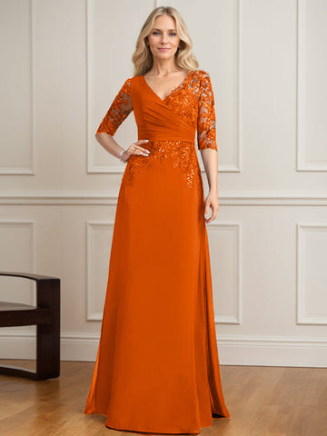 A-line V-Neck Floor-Length Lace Chiffon Mother of the Bride Dress With Pleated Sequins