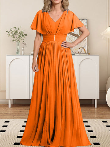 A-line V-Neck Floor-Length Chiffon Mother of the Bride Dress With Crystal Brooch Pleated