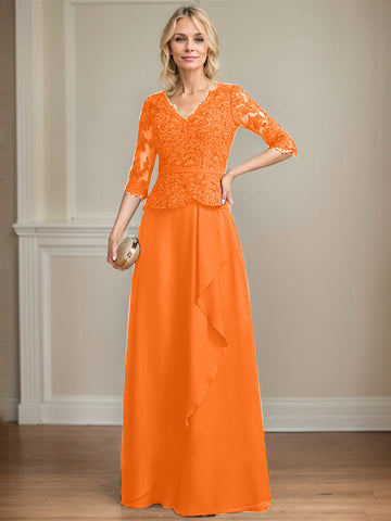 A-line V-Neck Floor-Length Lace Chiffon Mother of the Bride Dress With Cascading Ruffles Sequins