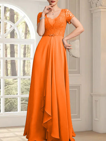 A-line Sweetheart Floor-Length Chiffon Lace Mother of the Bride Dress With Beading Cascading Ruffles