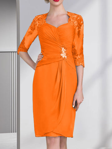 Sheath/Column Sweetheart Knee-Length Chiffon Mother of the Bride Dress With Beading Appliques Lace Sequins Pleated