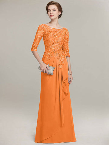 A-line Scoop Illusion Floor-Length Lace Chiffon Mother of the Bride Dress With Cascading Ruffles