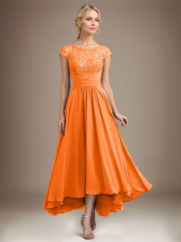 A-line Scoop Illusion Asymmetrical Lace Chiffon Mother of the Bride Dress With Pleated