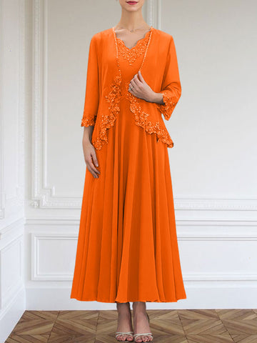 A-line V-Neck Ankle-Length Chiffon Mother of the Bride Dress With Sequins Appliques Lace Beading