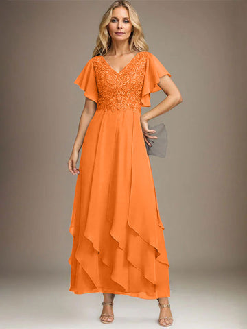 A-line V-Neck Ankle-Length Lace Chiffon Mother of the Bride Dress With Cascading Ruffles
