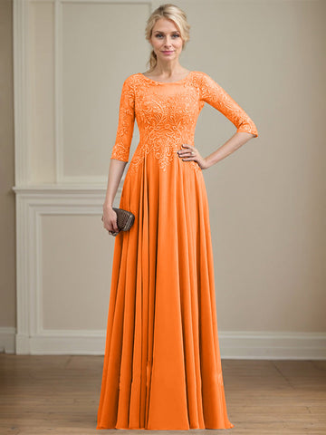 A-line Scoop Illusion Floor-Length Lace Chiffon Mother of the Bride Dress With Sequins