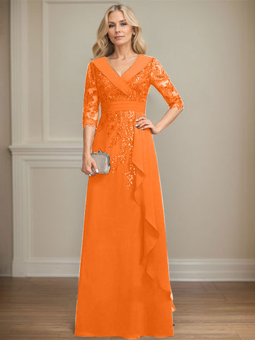 A-line Collared V-Neck Floor-Length Lace Chiffon Mother of the Bride Dress With Sequins Cascading Ruffles