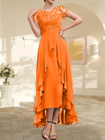 A-line Scoop Illusion Asymmetrical Chiffon Lace Mother of the Bride Dress With Bow Ruffle Sequins
