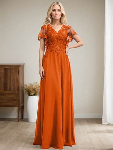 A-line V-Neck Floor-Length Lace Chiffon Mother of the Bride Dress With Sequins