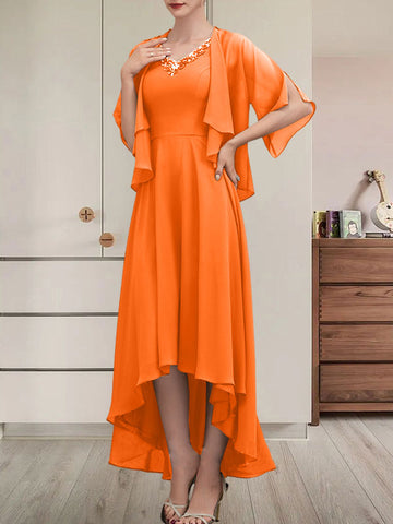 A-line V-Neck Asymmetrical Chiffon Mother of the Bride Dress With Beading Sequins
