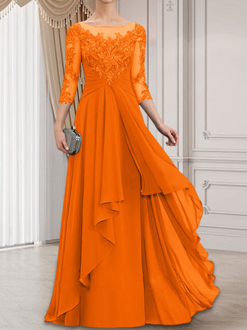A-line Scoop Illusion Floor-Length Lace Chiffon Mother of the Bride Dress With Cascading Ruffles