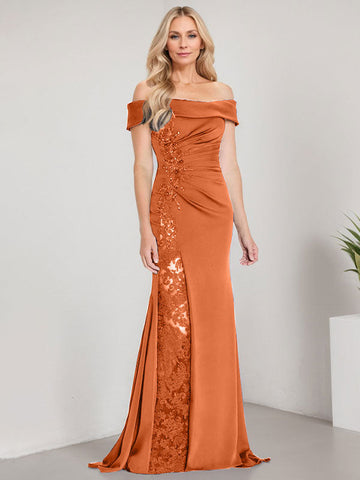 A-Line Off the Shoulder Floor-Length Mother of the Bride Dress Applique Beadings Mermaid Dress With  High Split