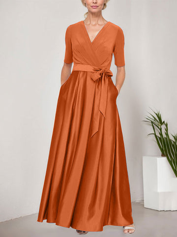 Surplice Neckline Ballgown with Full Satin Skirt & Jersey Bodice