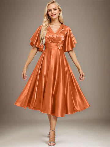 A-line V-Neck Tea-Length Stretch Satin Mother of the Bride Dress With Beading Pleated
