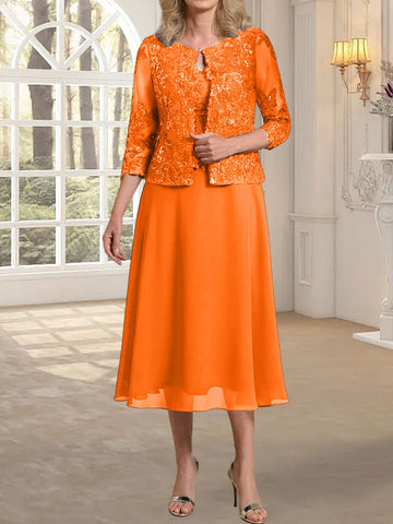 A-line Scoop Tea-Length Lace Chiffon Mother of the Bride Dress With Sequins
