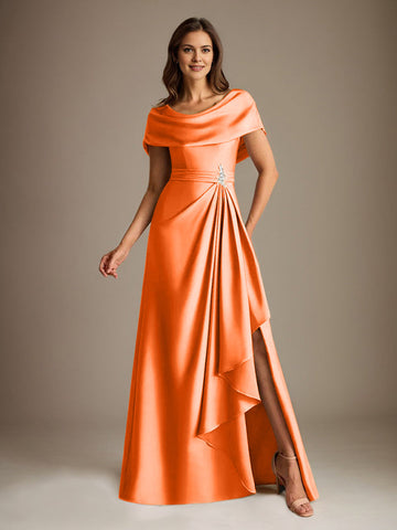 A-Line Scoop Floor-Length Stretch Satin Mother of the Bride Dress With Cascading Ruffles