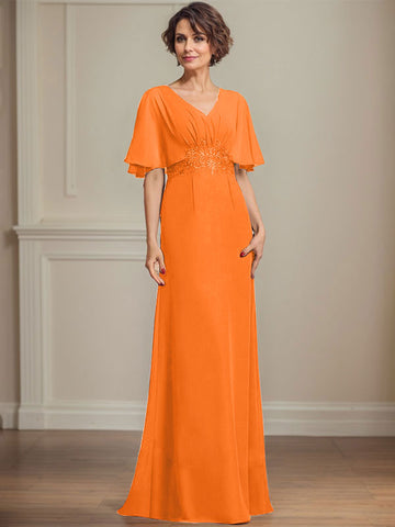 A-line V-Neck Floor-Length Chiffon Mother of the Bride Dress With Pleated Sequins Appliques Lace