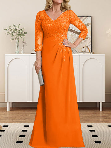 Sheath/Column V-Neck Illusion Floor-Length Lace Chiffon Mother of the Bride Dress With Pleated Sequins
