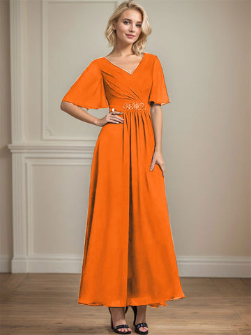 A-line V-Neck Ankle-Length Chiffon Mother of the Bride Dress With Pleated Beading Sequins