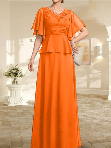 A-line V-Neck Floor-Length Chiffon Mother of the Bride Dress With Pleated Beading