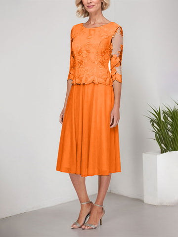 A-line Scoop Tea-Length Lace Chiffon Mother of the Bride Dress With Embroidery