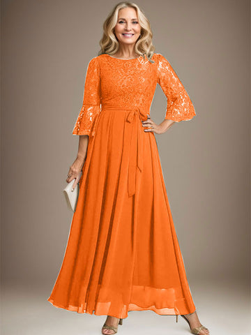 A-line Scoop Ankle-Length Lace Chiffon Mother of the Bride Dress With Bow