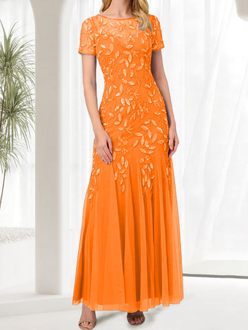 Vestido largo azul de sirena con cuello redondo para la madre de la novia con pedrería