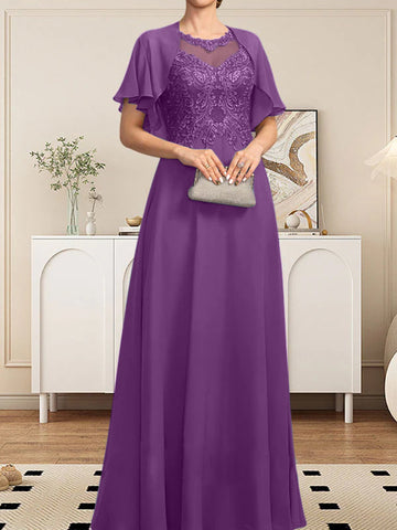 A-line Scoop Illusion Floor-Length Lace Chiffon Mother of the Bride Dress With Sequins