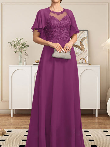 A-line Scoop Illusion Floor-Length Lace Chiffon Mother of the Bride Dress With Sequins