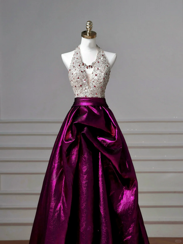 Elegante vestido de fiesta largo de noche, corte A, de satén morado con cuentas y escote halter, modelo Y8609