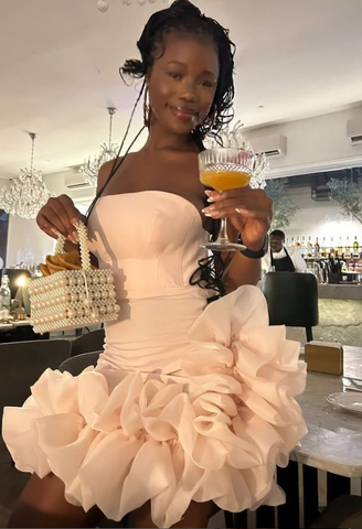 Vestido corto de fiesta de bienvenida rosa fucsia plisado sin tirantes, único, Y7853