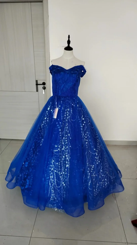 Vestido de princesa azul claro con hombros descubiertos, apliques de encaje de tul y lentejuelas, modelo Y8129