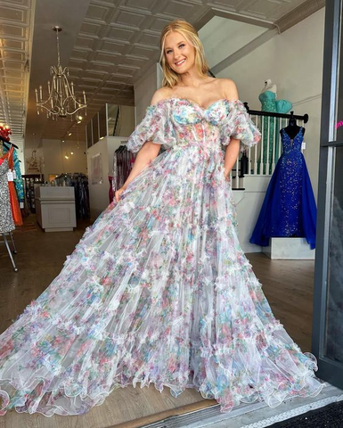 Robe de bal longue élégante à épaules dénudées et fleurs, robe de soirée en tulle Y5889