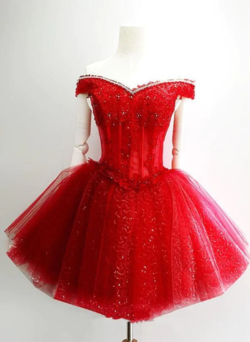Adorable robe de soirée rouge à décolleté cœur en tulle brillant, épaules dénudées, courte, Y1212