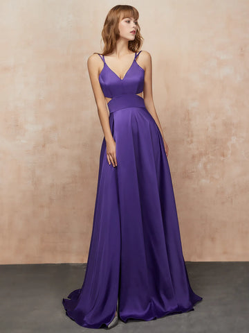 Cut Waist V-neck Spaghetti Strap Satin Prom Dress Long with Slit
