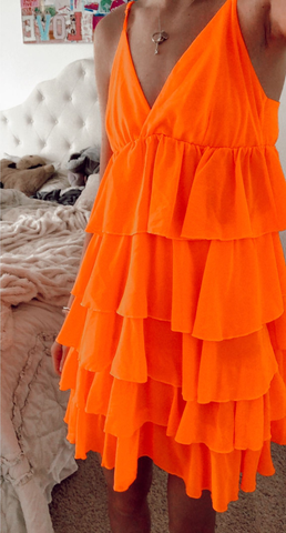 Vestido naranja de fiesta con escote en V y corte en A, modelo Y2275