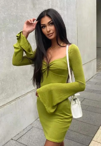 Vestido de fiesta de otoño para mujer, estilo sirena, manga acampanada, cuello cuadrado, sexy, escote pronunciado, ajustado al cuerpo Y2967