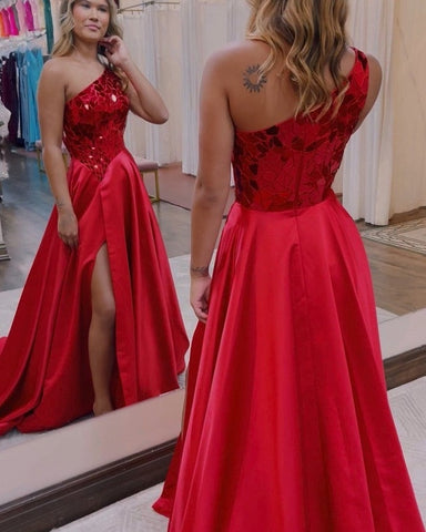 A Line One Shoulder Sequins Long Prom Dress with Slit