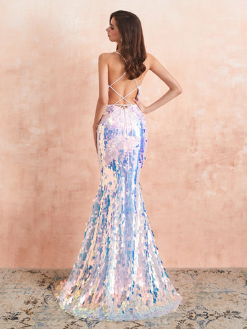 Deep V-Neck Sparkly Sequin Sexy Mermaid Evening Dress Long With Split